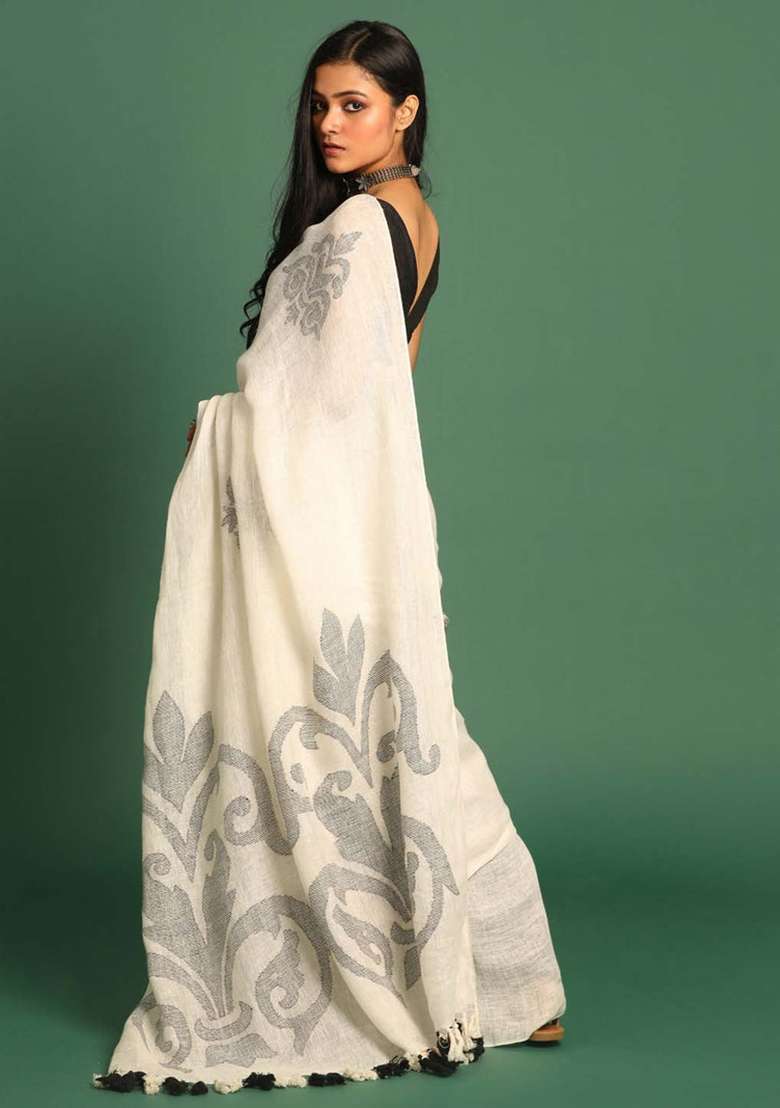 White Linen Saree Set with Printed for Diwali | Wedding & Festive Wear - Indya