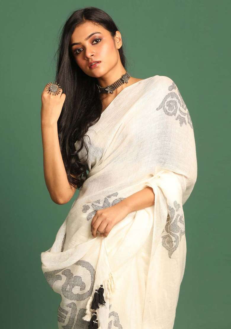 White Linen Saree Set with Printed for Diwali | Wedding & Festive Wear - Indya
