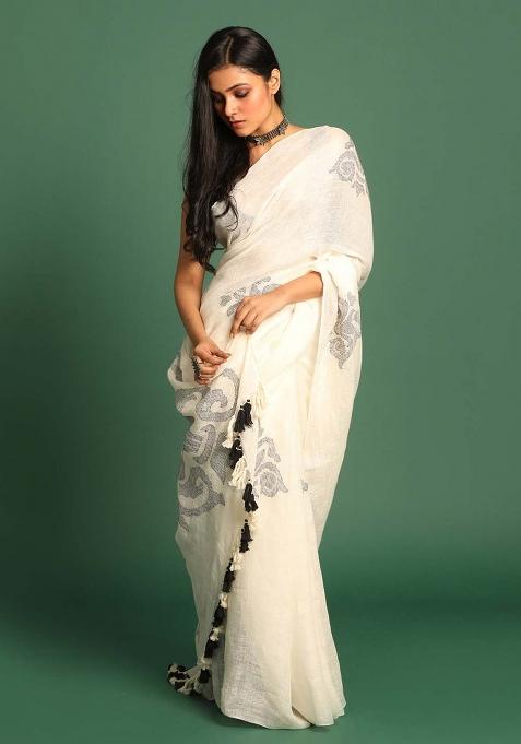 White Printed Linen Saree Set