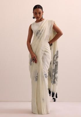 White Printed Linen Saree Set