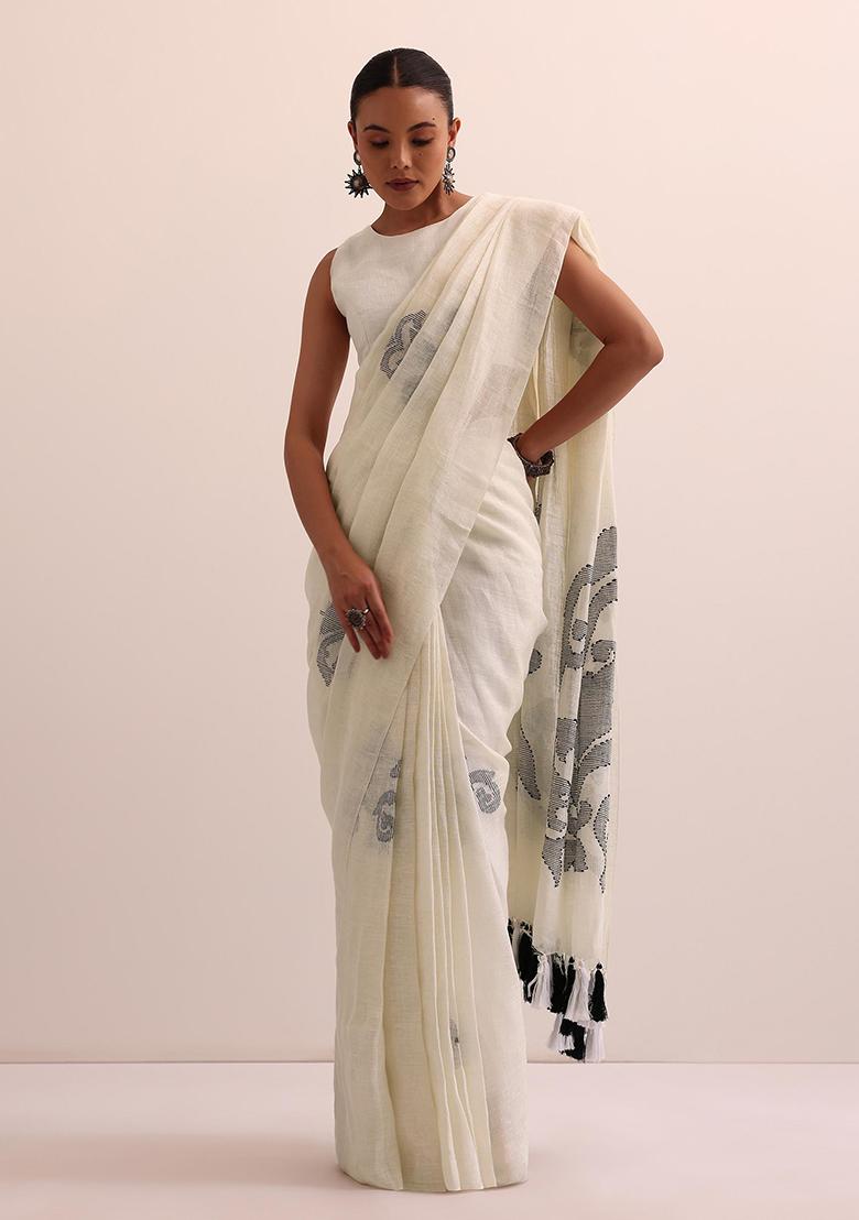 White Printed Linen Saree Set