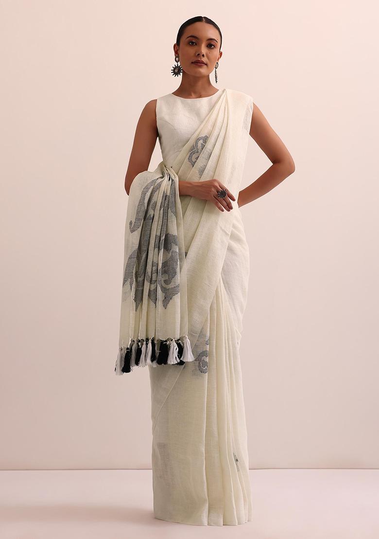 White Printed Linen Saree Set