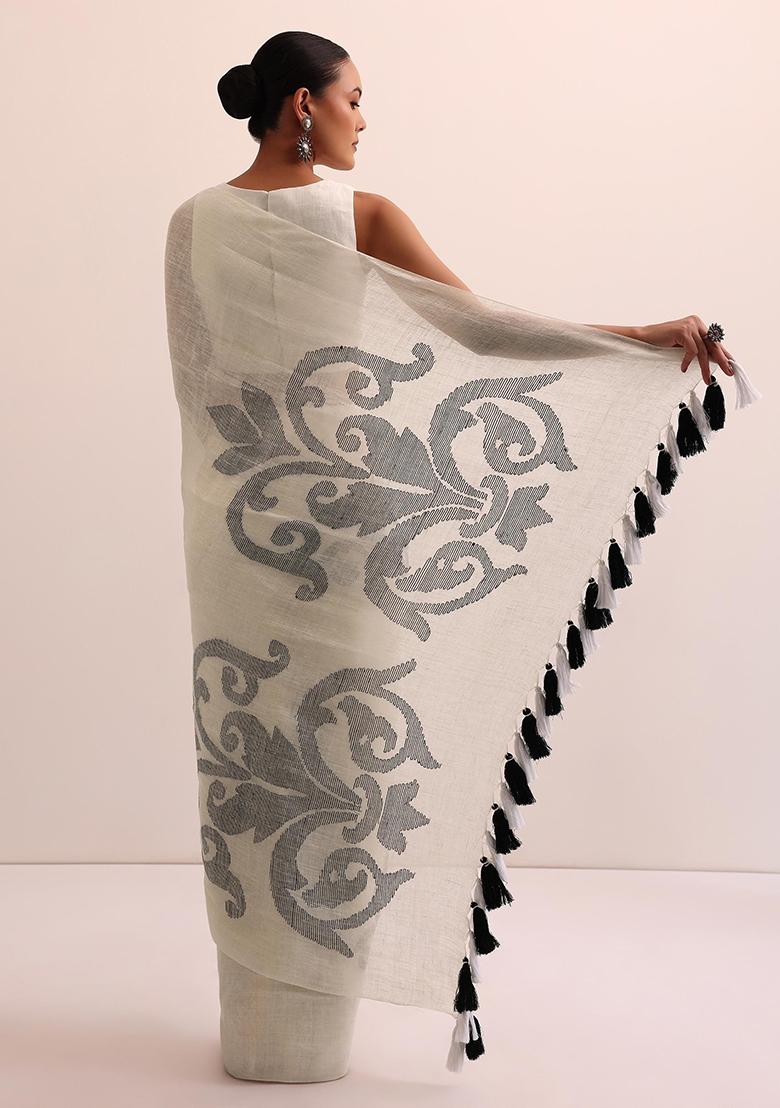 White Printed Linen Saree Set