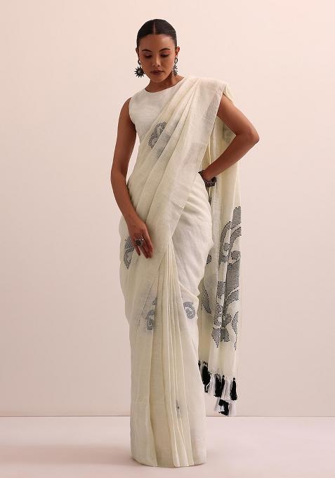 White Printed Linen Saree Set