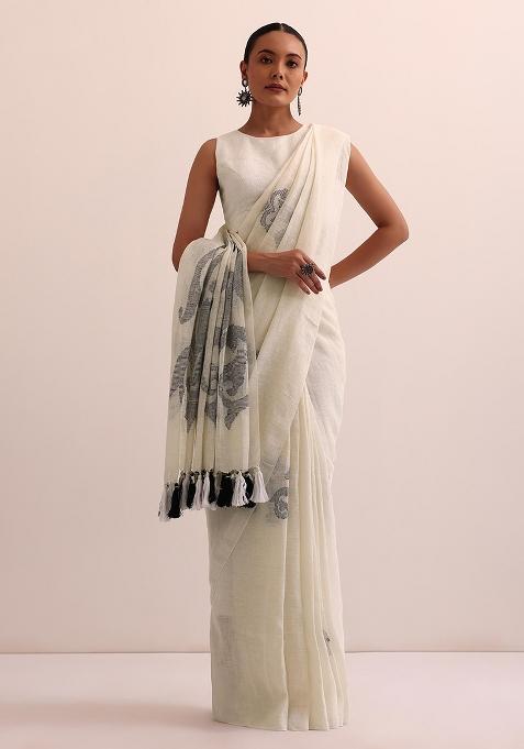 White Printed Linen Saree Set