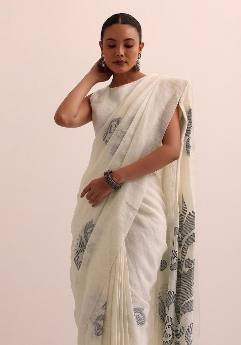 White Printed Linen Saree Set