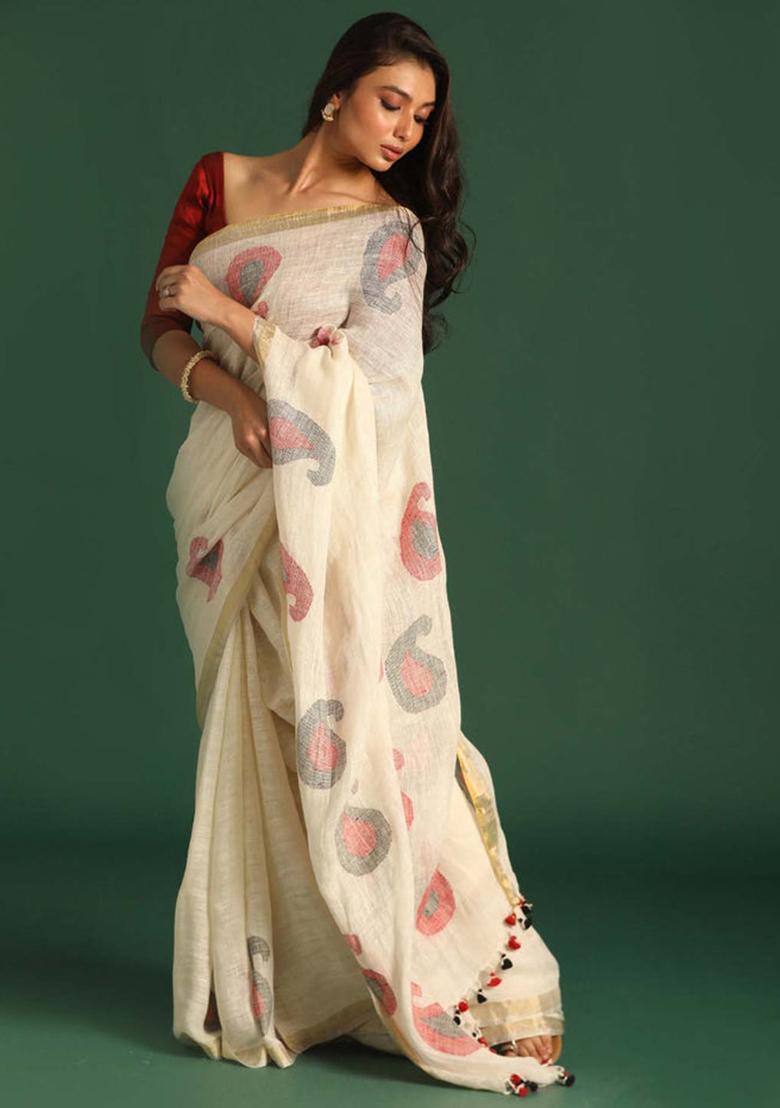 Beige Printed Linen Saree Set