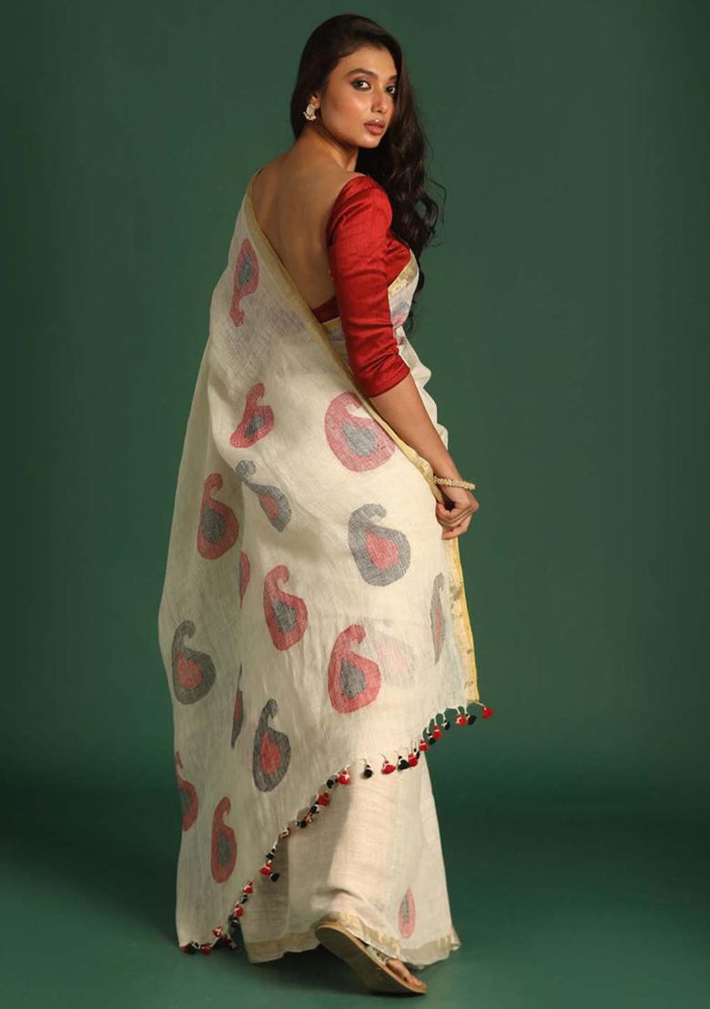 Beige Printed Linen Saree Set