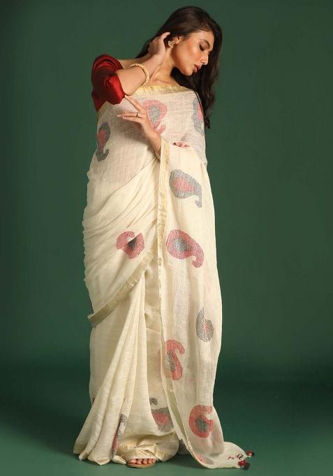 Beige Printed Linen Saree Set