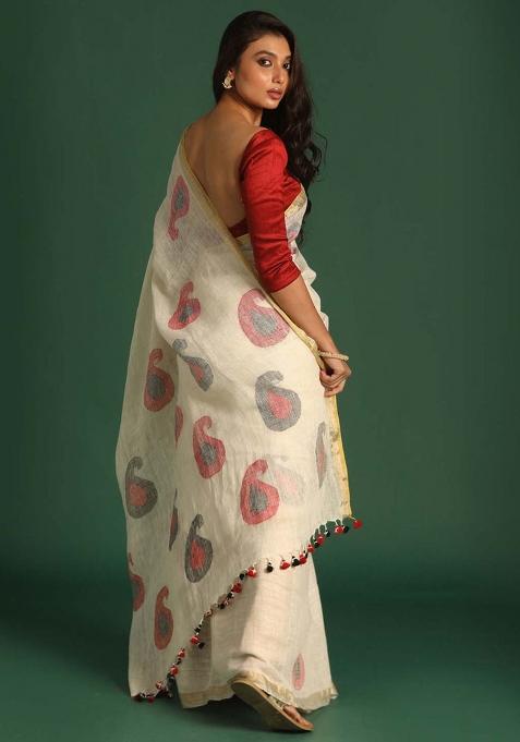 Beige Printed Linen Saree Set