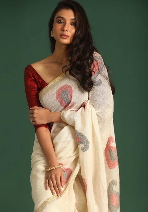Beige Printed Linen Saree Set