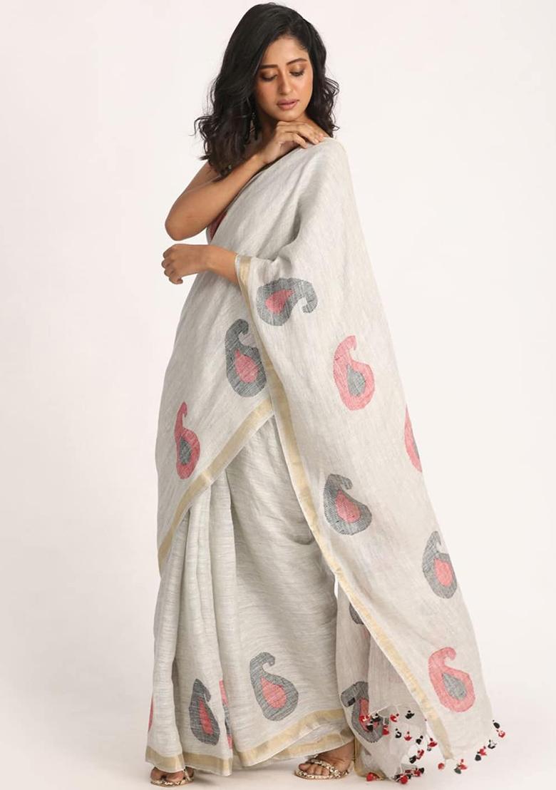 Light Grey Printed Linen Saree Set