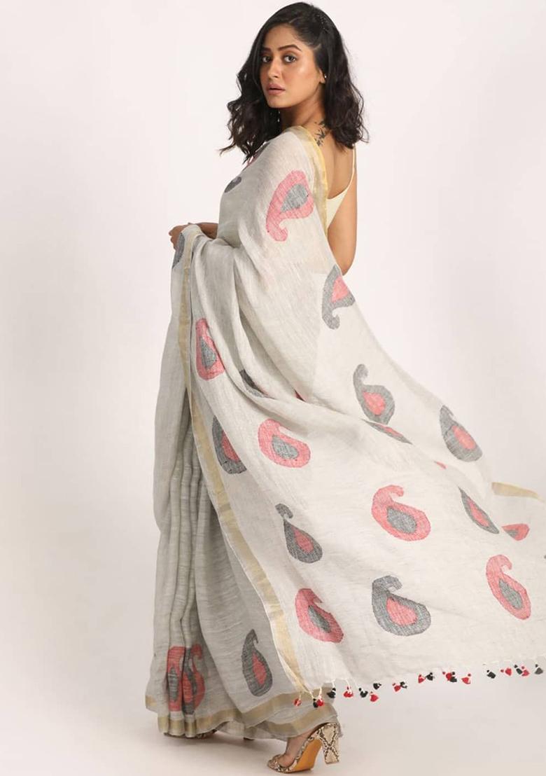 Light Grey Printed Linen Saree Set