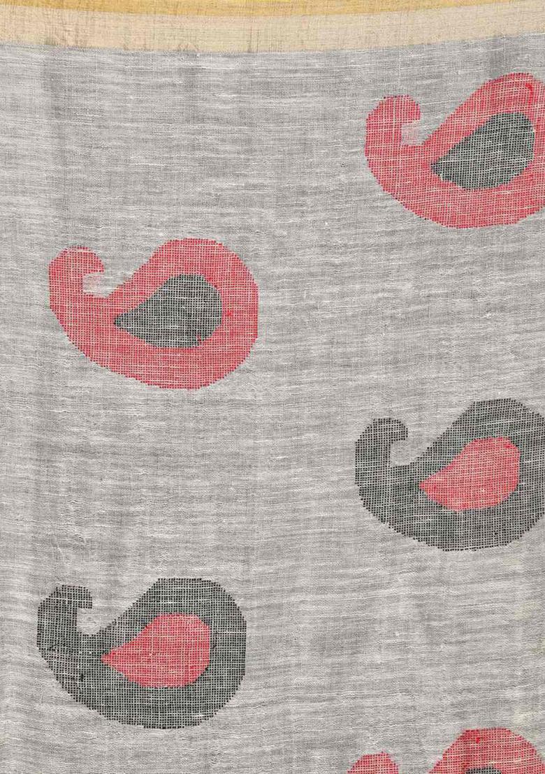 Light Grey Printed Linen Saree Set - Indya