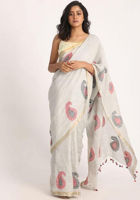 Light Grey Printed Linen Saree Set