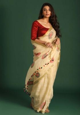 Cream Printed Linen Saree Set
