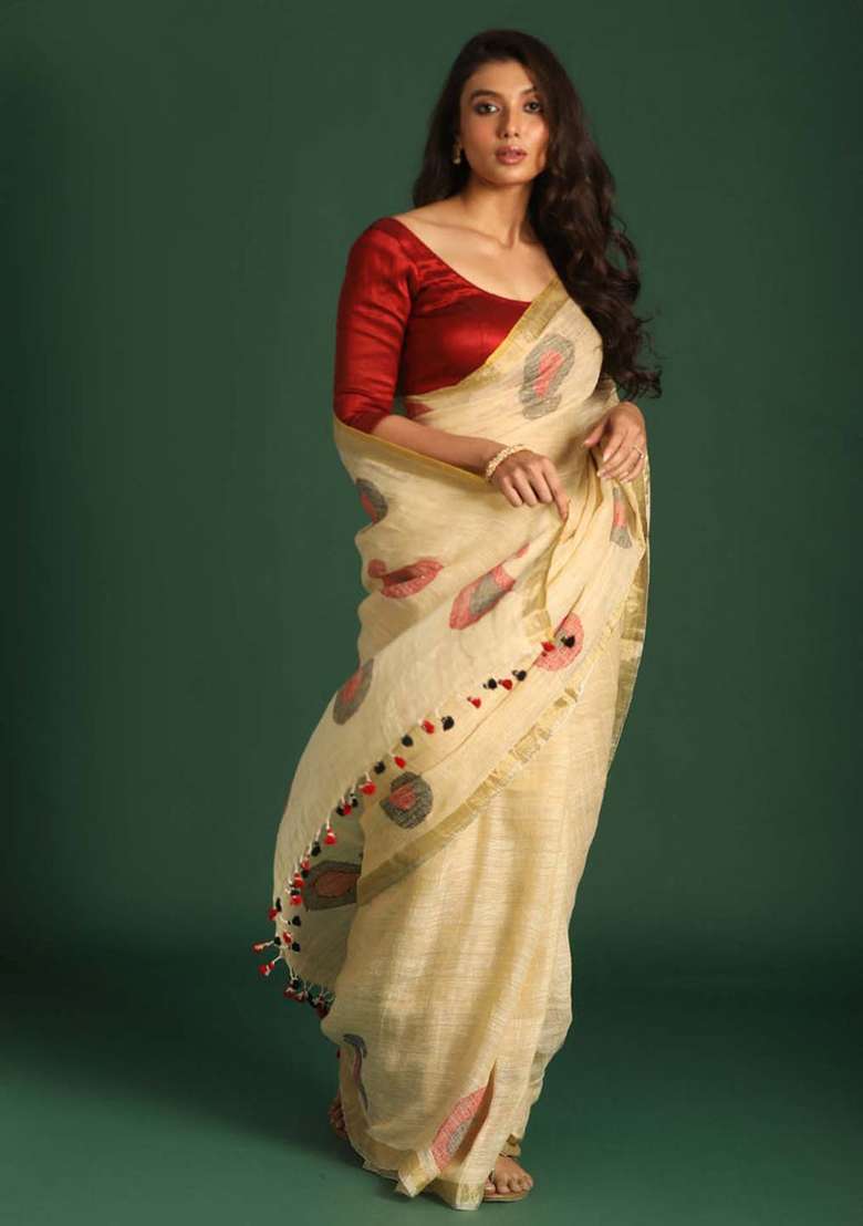 Cream Printed Linen Saree Set for Diwali and Festive Wear - Indya