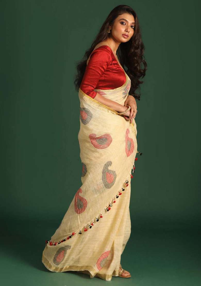 Cream Printed Linen Saree Set for Diwali and Festive Wear - Indya
