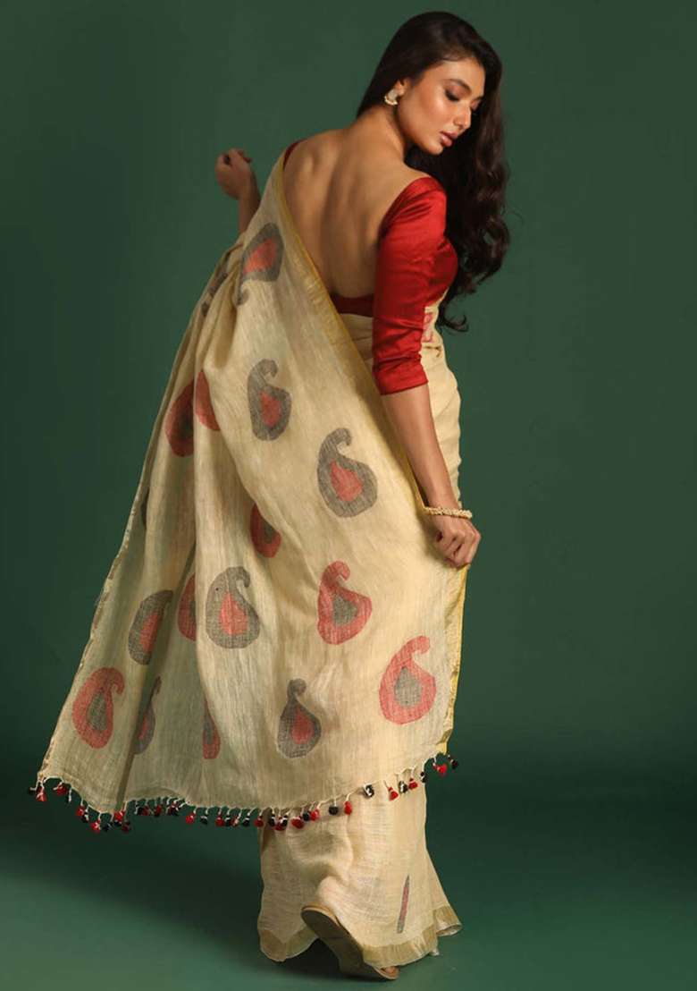 Cream Printed Linen Saree Set for Diwali and Festive Wear - Indya