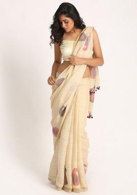 Beige Printed Linen Saree Set