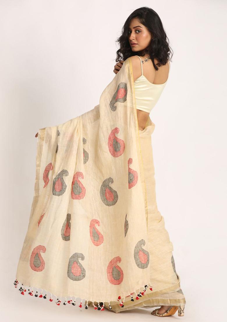 Beige Printed Linen Saree Set