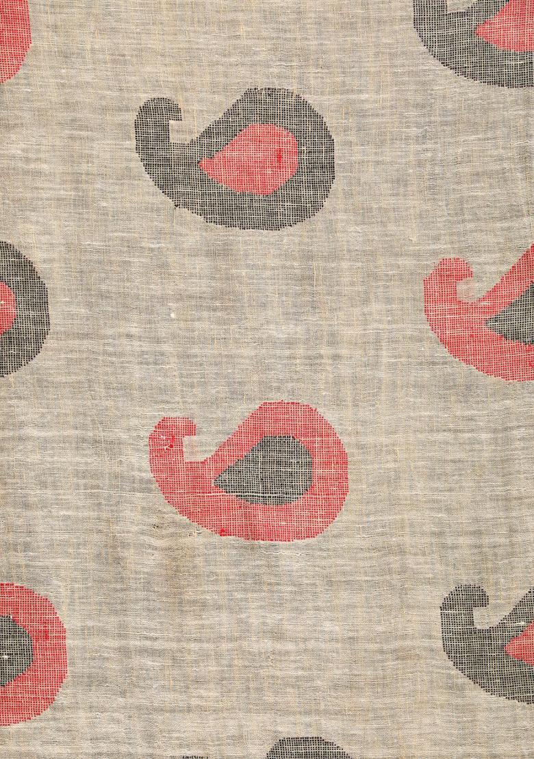 Beige Printed Linen Saree Set