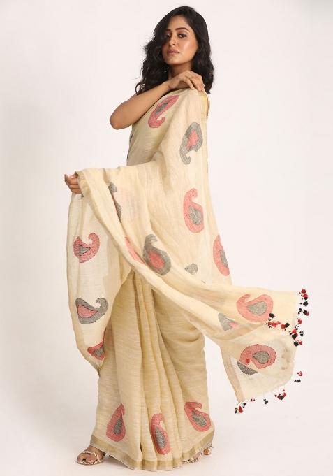 Beige Printed Linen Saree Set