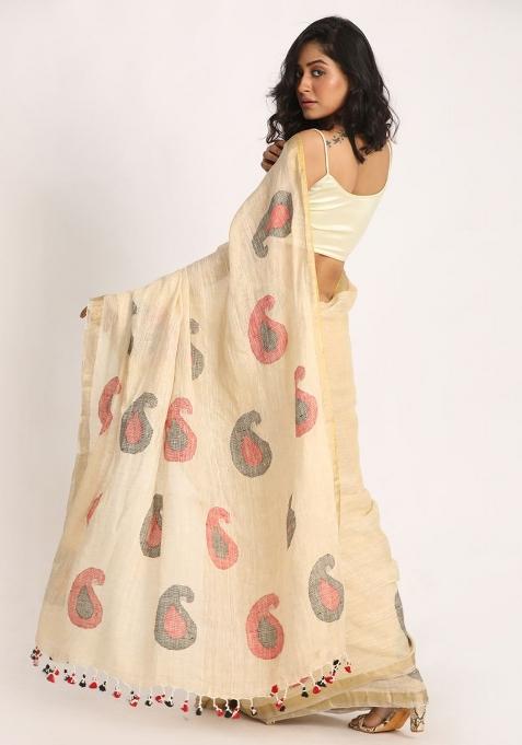 Beige Printed Linen Saree Set
