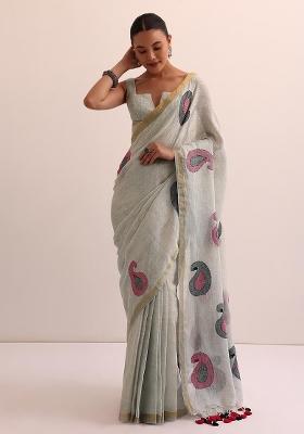 Grey Printed Linen Saree Set