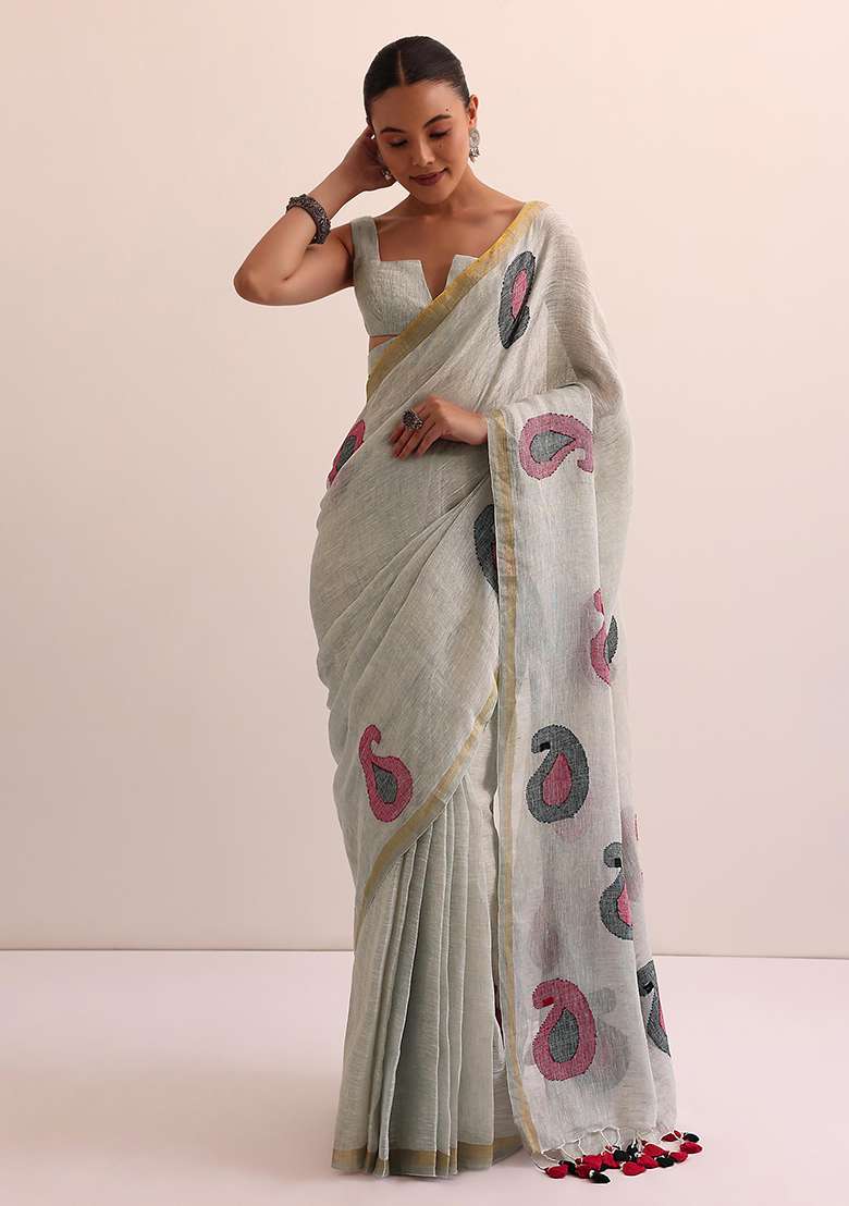 Grey Printed Linen Saree Set for Diwali and Festive Wear - Indya