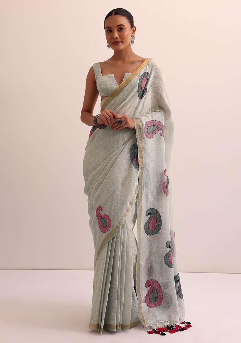 Grey Printed Linen Saree Set for Diwali and Festive Wear - Indya