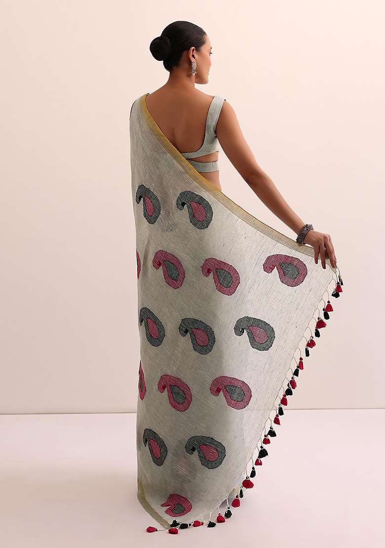 Grey Printed Linen Saree Set for Diwali and Festive Wear - Indya