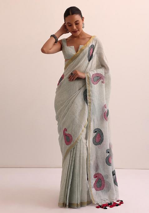 Grey Printed Linen Saree Set