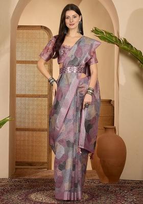 Purple Printed Poly Cotton Saree Set