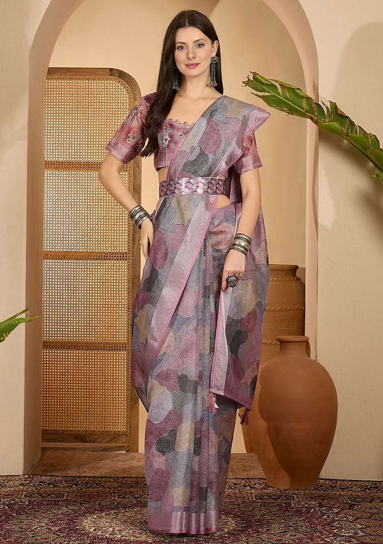 Purple Printed Poly Cotton Saree Set for Diwali and Festive Wear - Indya