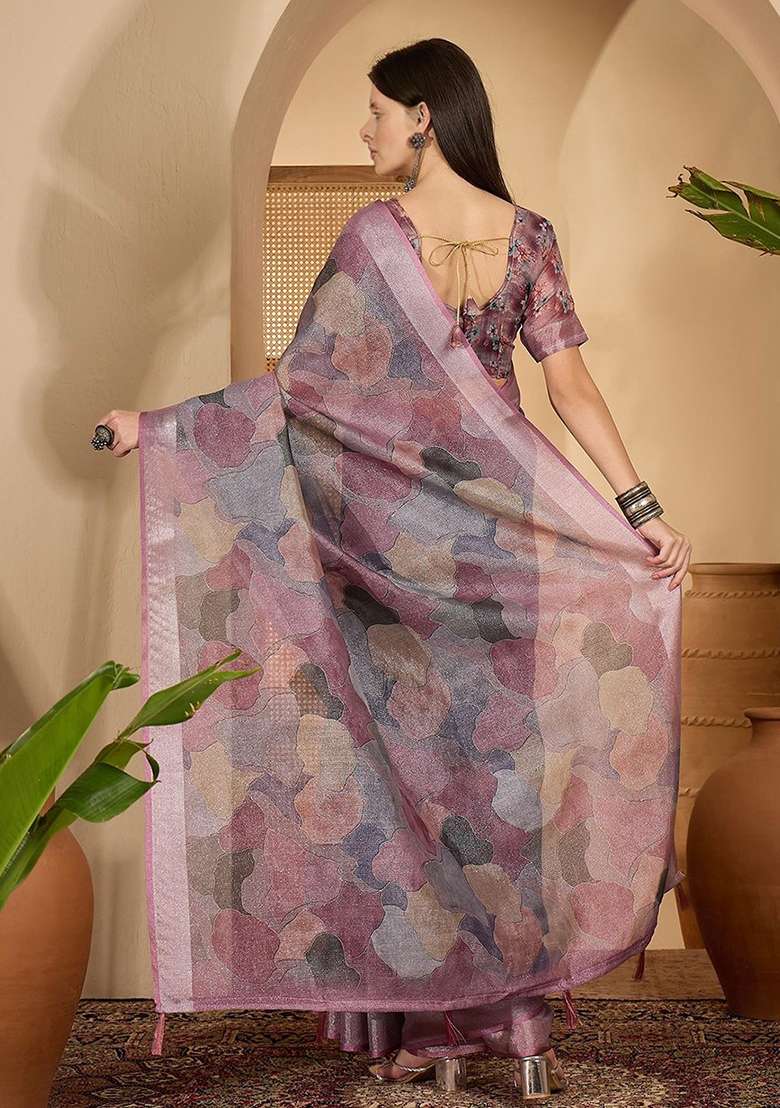 Purple Printed Poly Cotton Saree Set for Diwali and Festive Wear - Indya