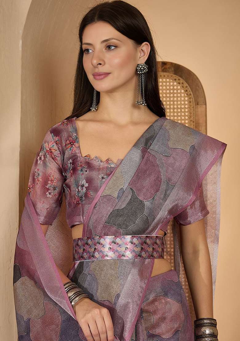 Purple Printed Poly Cotton Saree Set for Diwali and Festive Wear - Indya