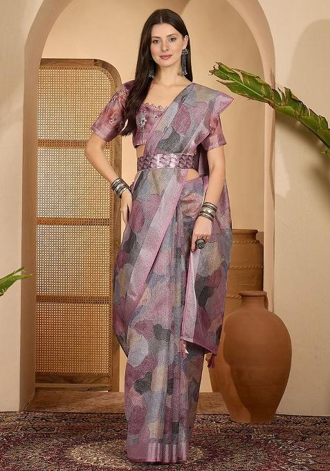 Purple Printed Poly Cotton Saree Set