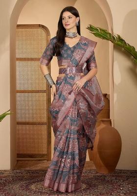 Brown Printed Poly Cotton Saree Set