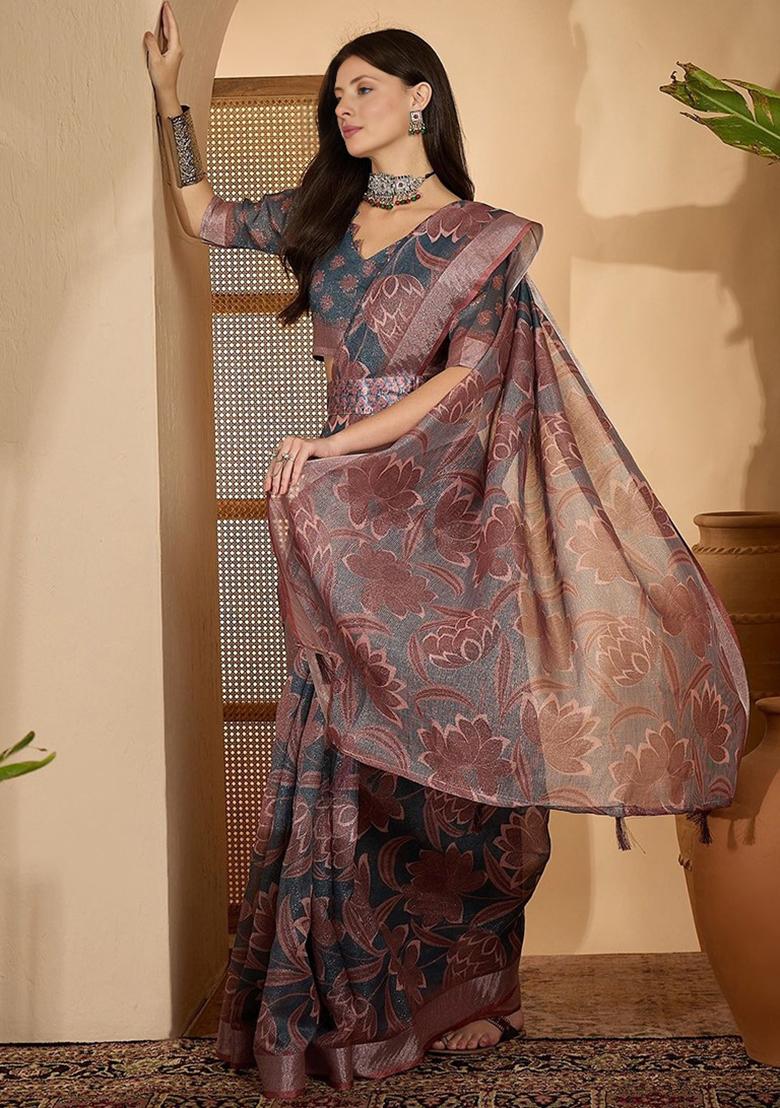 Brown Printed Poly Cotton Saree Set - Indya