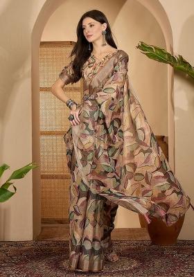 Brown Printed Poly Cotton Saree Set