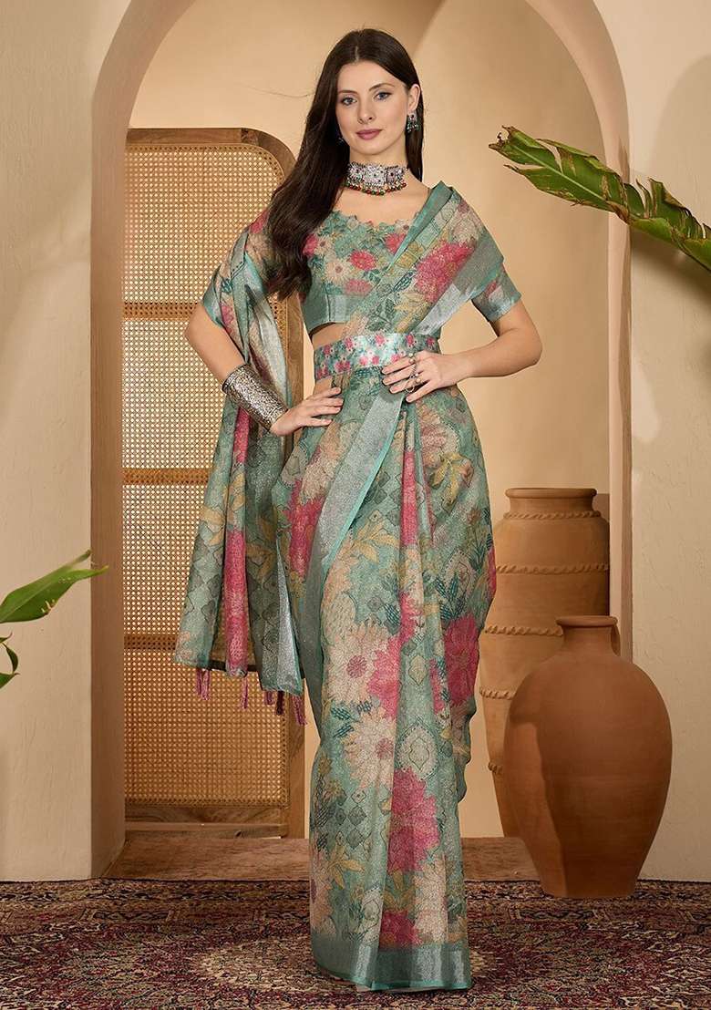 Grey Printed Poly Cotton Saree Set for Diwali and Festive Wear - Indya
