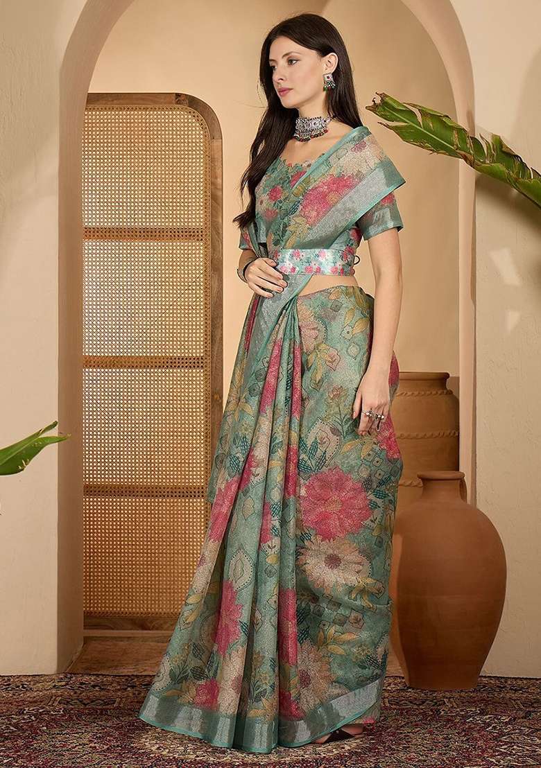 Grey Printed Poly Cotton Saree Set for Diwali and Festive Wear - Indya