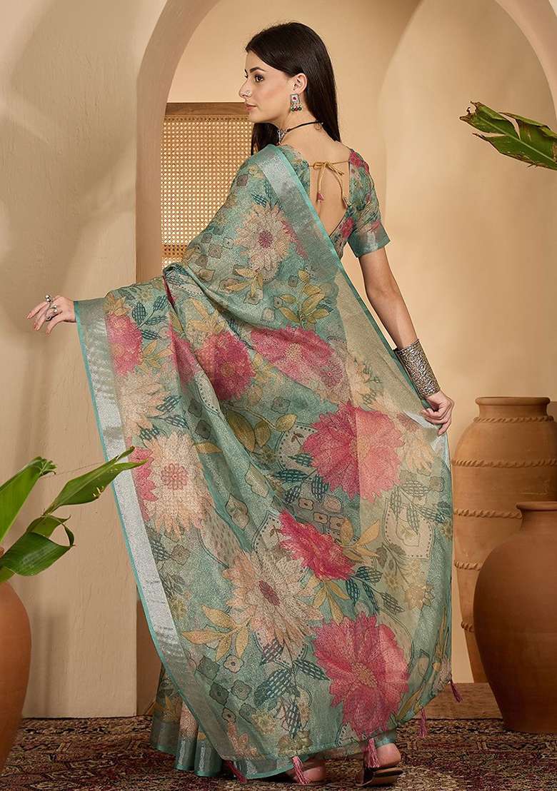 Grey Printed Poly Cotton Saree Set for Diwali and Festive Wear - Indya