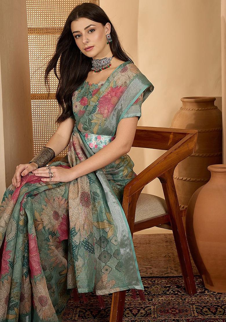 Grey Printed Poly Cotton Saree Set - Indya