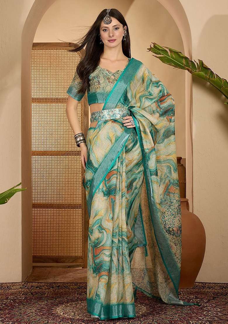 Rama Poly Cotton Saree Set with Printed for Diwali | Wedding & Festive Wear - Indya