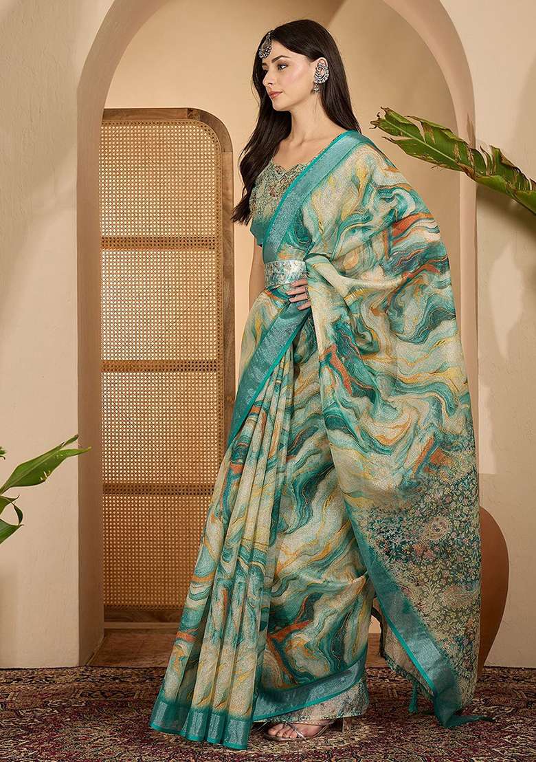 Rama Poly Cotton Saree Set with Printed for Diwali | Wedding & Festive Wear - Indya
