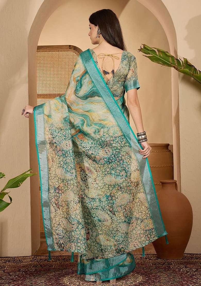 Rama Poly Cotton Saree Set with Printed for Diwali | Wedding & Festive Wear - Indya