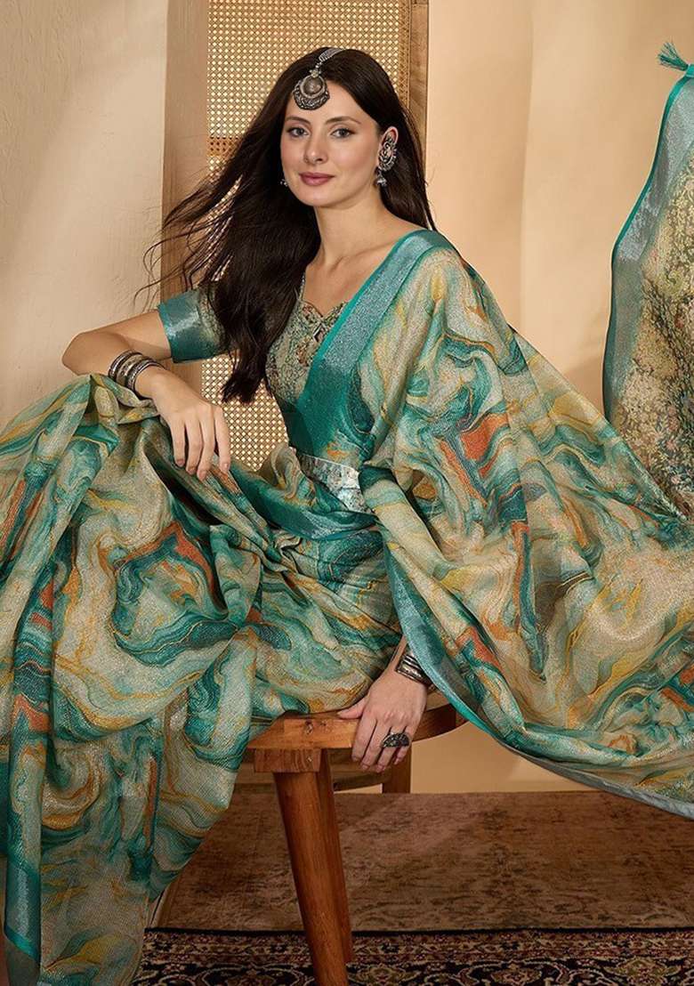 Rama Poly Cotton Saree Set with Printed for Diwali | Wedding & Festive Wear - Indya