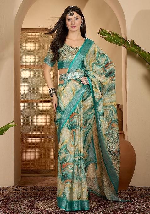 Rama Printed Poly Cotton Saree Set